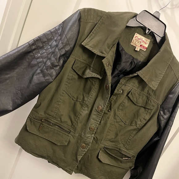 Jacket - military style green and black faux leather jacket - Picture 1 of 3